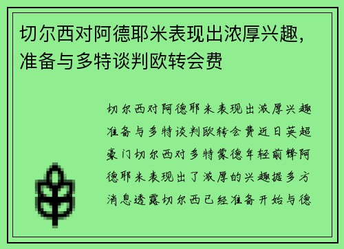 切尔西对阿德耶米表现出浓厚兴趣，准备与多特谈判欧转会费