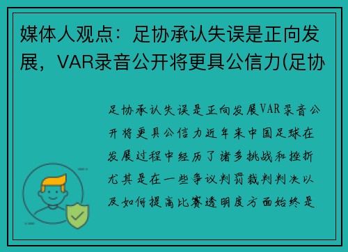 媒体人观点：足协承认失误是正向发展，VAR录音公开将更具公信力(足协杯 var)