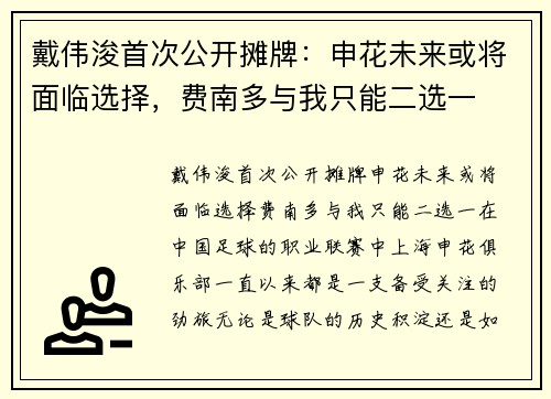 戴伟浚首次公开摊牌：申花未来或将面临选择，费南多与我只能二选一