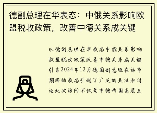 德副总理在华表态：中俄关系影响欧盟税收政策，改善中德关系成关键