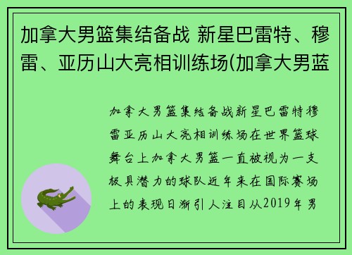 加拿大男篮集结备战 新星巴雷特、穆雷、亚历山大亮相训练场(加拿大男蓝)